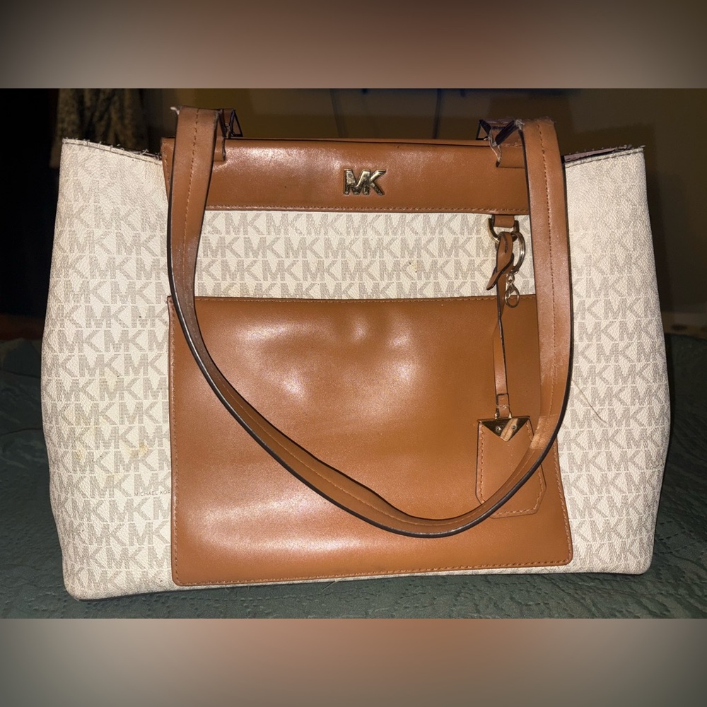 Michael Kors Meredith Medium Logo and Leather Brown and Cream Tote